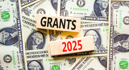 Planning grants 2025 new year symbol. Concept words Grants 2025 on beautiful wooden blocks. Dollar bills. Beautiful background from dollar bills. Business grants 2025 new year concept. Copy space.