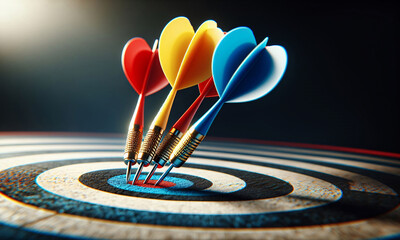 Bunte Dartpfeile haben ins Zentrum der Dartscheibe getroffen