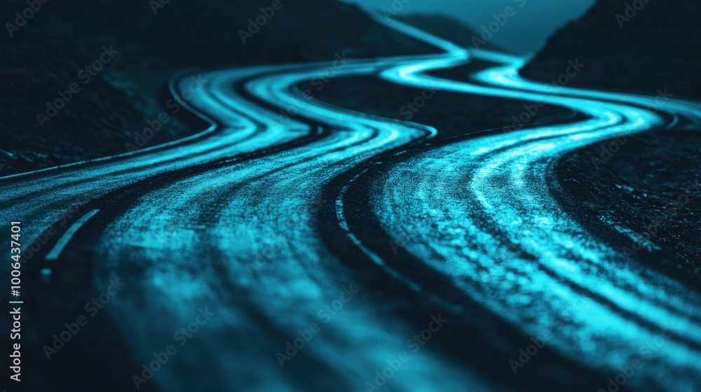 Poster a road with multiple forks and pathways, each leading to different digital tools and abstract concep