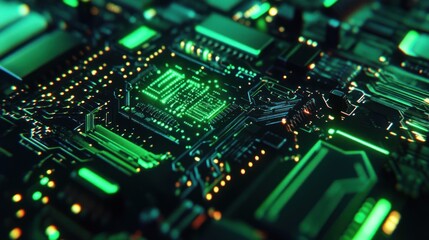 Obraz premium Circuit Board with Glowing Green Lines