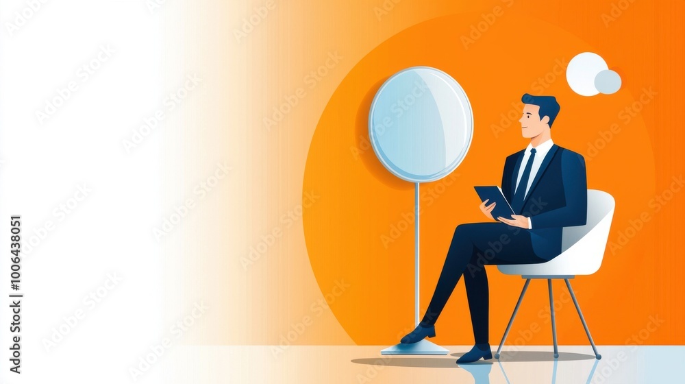 Poster a salesperson practicing their pitch in front of a mirror, rehearsing with confidence and attention 