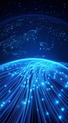 Digital blue light rays of fiber optic cables glowing above the earth, dark background