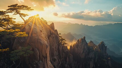The sun shines on the top of Mount Huangshan, China's magnificent mountain and river scenery. The view is magnificent, offering excellent 