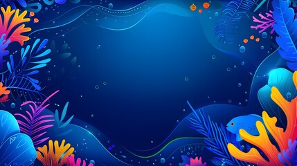 Abstract underwater scene with colorful coral, plants and fish on a blue background with copy space.