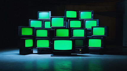 panorama stacks of green screen monitor tvs glowing in empty dark lighting black empty room background, televisions old aged classical monitors device chroma key equipment 3d render composition
