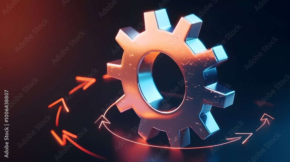 Poster rotating 3d gear with circling arrows symbolizing continuous progress and advancement