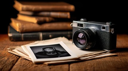 A blank vintage instant photograph with a retro camera, capturing the essence of nostalgia and memories..