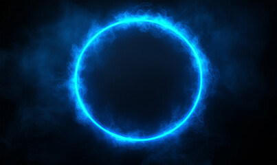 Abstract Glowing Blue Energy Ring with Wispy Smoke on Dark Background - Futuristic and Mysterious Light Circle Illustration