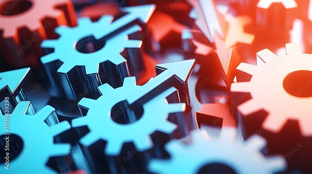 Poster abstract interlinking gears and arrows representing innovation and productivity