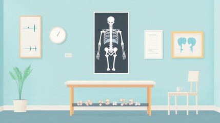 A vibrant medical office interior featuring a skeleton chart, calming blue walls, and minimalist furniture for a serene atmosphere.