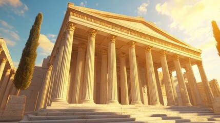 Obraz premium A majestic ancient Greek temple with grand marble columns, bathed in golden sunlight, set against a clear blue sky, representing the glory of classical architecture.