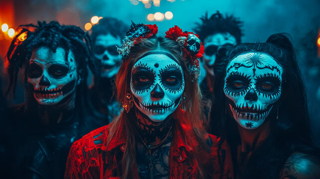 Halloween celebration - group of party goers in intricate skull makeup