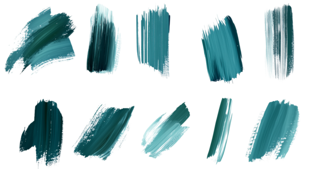 set of blue green scumbling brushstrokes isolated on transparent background