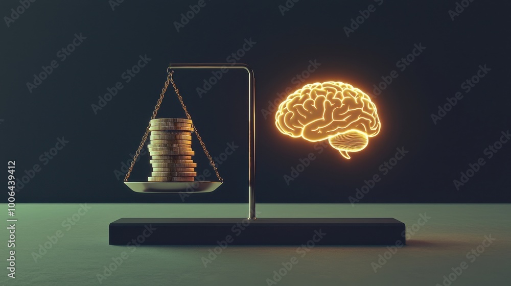 Poster a scale balancing a stack of coins on one side and a glowing brain on the other, the equilibrium bet