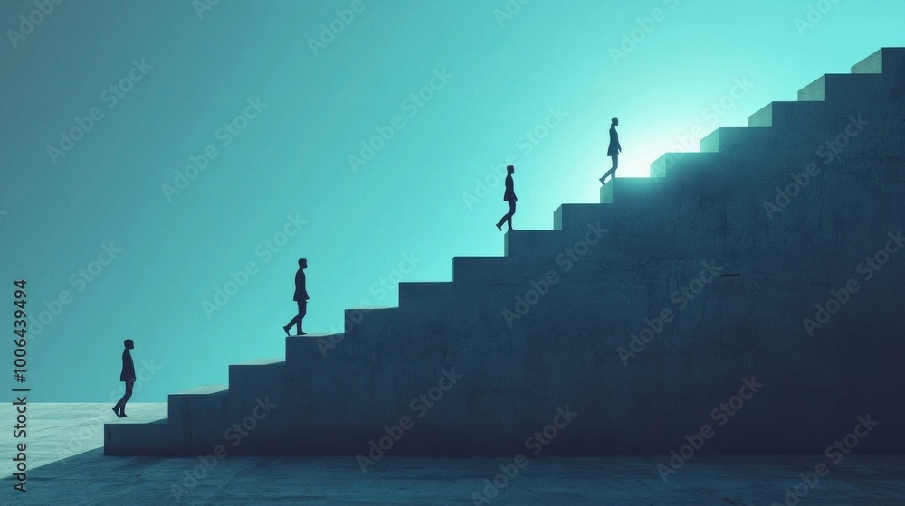Poster a series of ascending geometric platforms with people stepping up based on the light that shines fro
