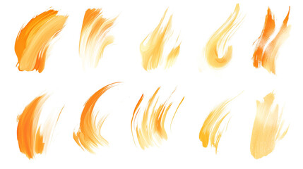 set of yellow orange scumbling brushstrokes isolated on transparent background