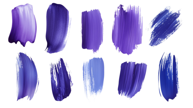 set of blue purple scumbling brushstrokes isolated on transparent background