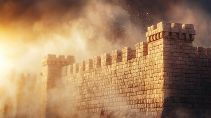 The ancient building is broken, with the sun shining on them and dark clouds in front. There is dust flying around them.