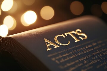 The word ACTS in large gold letters on top of an open book, the background is dark with bokeh lights and light rays shining