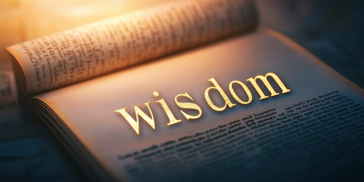 The word wisdom written in golden letters on a page with glowing light, against a background of ancient text