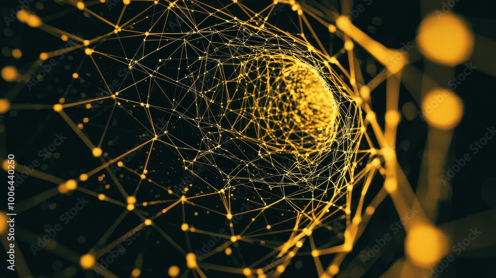 Poster a series of interwoven lines and geometric shapes representing data flows, with one path illuminated