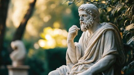 Obraz premium A marble statue of an Ancient Greek philosopher in a serene garden, with intricate details on the sculpture.