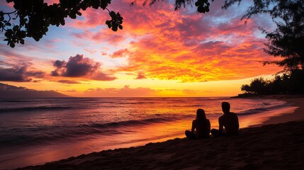 Fototapeta premium Sunset Romance: Couple Silhouetted on Beach at Golden Hour