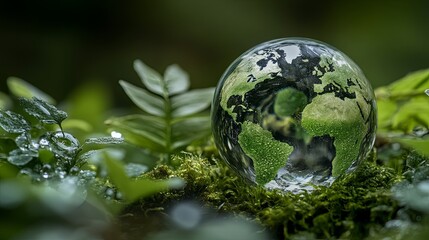 A glass globe representing the Earth sits on green moss with lush foliage in the background.
