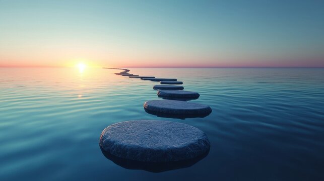 A set of stepping stones in a body of water, leading towards a glowing horizon, representing how businesses overcome obstacles and maintain continuity