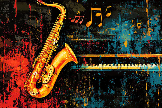 Jazz concert poster featuring vibrant illustrations of piano, saxophones, and music note, capturing the essence of music and performance in a dynamic design