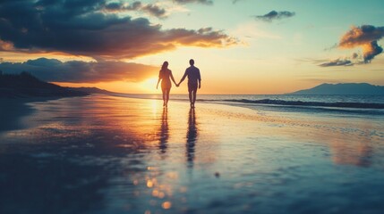 Fototapeta premium Sunset Stroll: Couple Walking Hand-in-Hand on the Beach