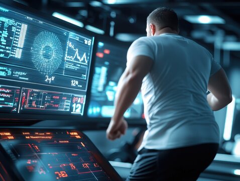 Obese man running on a treadmill with digital screens projecting stats, AI-enhanced environment, futuristic illustration, high contrast neon colors, symbolizing weight loss journey