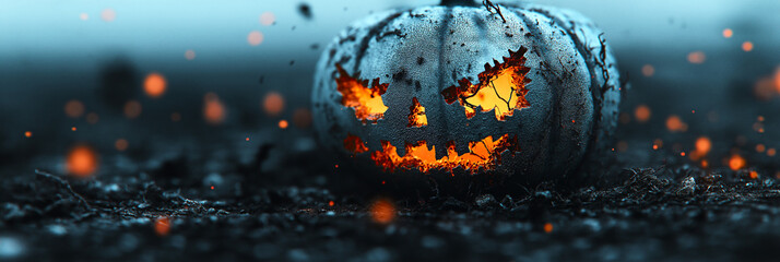 Silver Glitter Jack-o-Lantern Pumpkin at Night, Bright Vivid Orange Neon Glow Inside. Enchanted Forest, Mysterious, Festive. Creepy, Spooky, Funny Halloween Decoration. Sparkles, Smiling Carved Face
