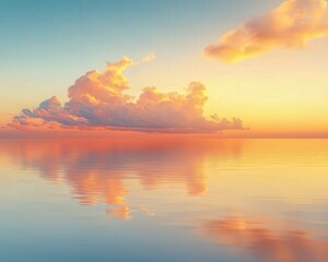 Fototapeta premium Captivating sunset over a calm ocean, featuring vibrant clouds reflecting on tranquil waters. Perfect for themes of serenity, nature, and beauty.