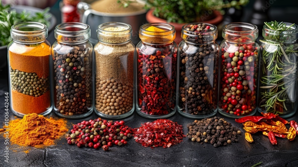 Poster a row of spice jars are lined up on a counter