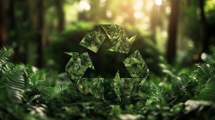 A green recycling symbol made of leaves in a forest.