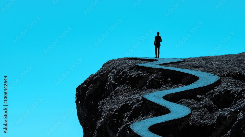 Aufkleber a silhouette of a person standing on the edge of a cliff with various paths stretching out in front 