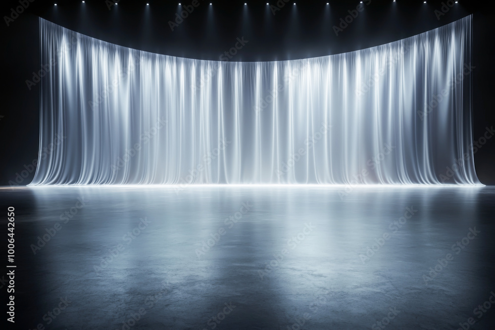 Poster elegant stage setting with soft light and flowing fabric backdrop, perfect for showcasing performanc