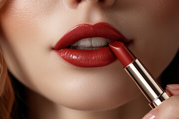 Close-up photo of a fair-skinned woman applying red lipstick on her lips. Suitable for use in beauty advertisements.