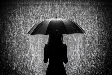 Behind a woman dressed in black stood a black umbrella. In the middle of the heavy rain It is a black and white picture in a gloomy atmosphere.