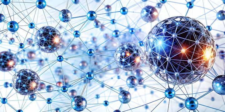 Quantum Entangled Voting Network Concept: Macro Shot of Quantum Particles for Secure Instantaneous Vote Transmission with Visual Network Connections on White Background