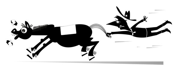 Horse. Farmer. Cowboy. Rodeo. 
Cartoon farmer or cowboy catching a running horse by tail. Black and white illustration
