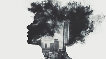 A silhouette of a person with their head lowered, surrounded by swirling, dark smoke that fades into a chaotic cityscape. The smoke symbolizes exhaustion and the pressure of urban life