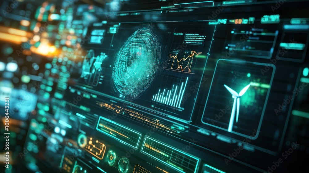 Poster futuristic interface with data and wind turbine