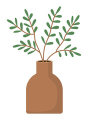 Houseplant twigs with small leaves in brown ceramic pot vase. Flat style. Vector illustration.