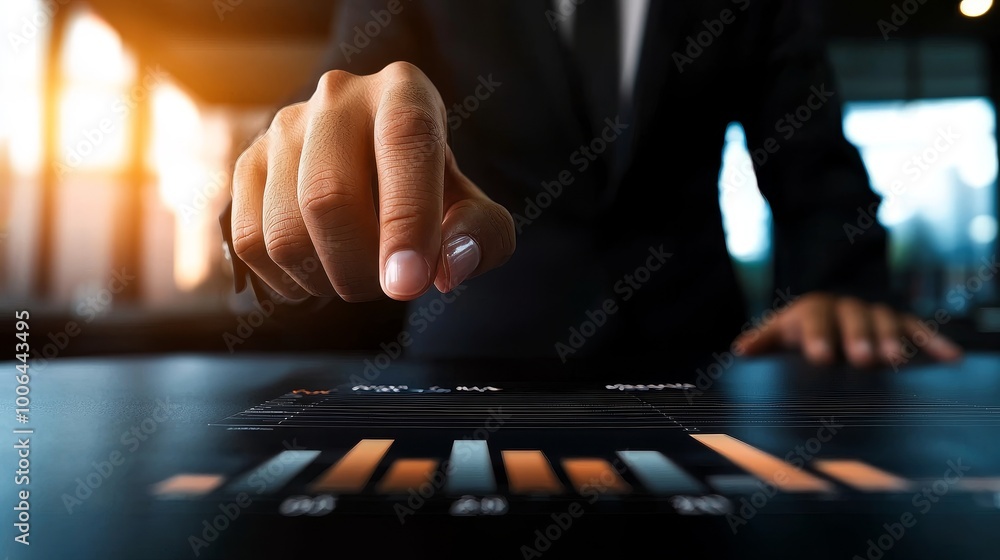 Poster businessman analyzing data with touch screen interface.