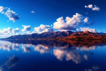 Obraz premium Stunning mountain reflection in clear blue lake, surrounded by vibrant sky and clouds.