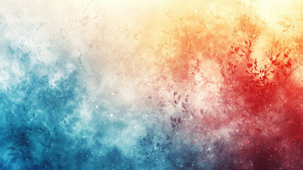 Fototapeta premium A softly blurred gradient artwork featuring blend of blue, orange, and red hues with delicate foliage silhouettes. This serene composition evokes sense of calm and tranquility