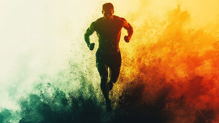 Naklejka premium silhouette of strong, sports and fit running man in green and orange colors