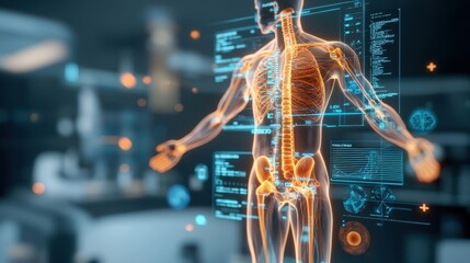 3D rendering of a human body with highlighted fat cells, holographic, futuristic, glowing orange and blue tones, focused on medical data and AI-assisted health analysis.